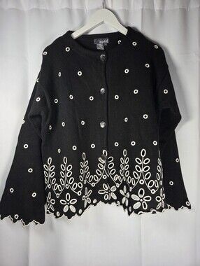 Vintage Lisa Nichols Black Cardigan Sweater Embroidered Detail Women's L